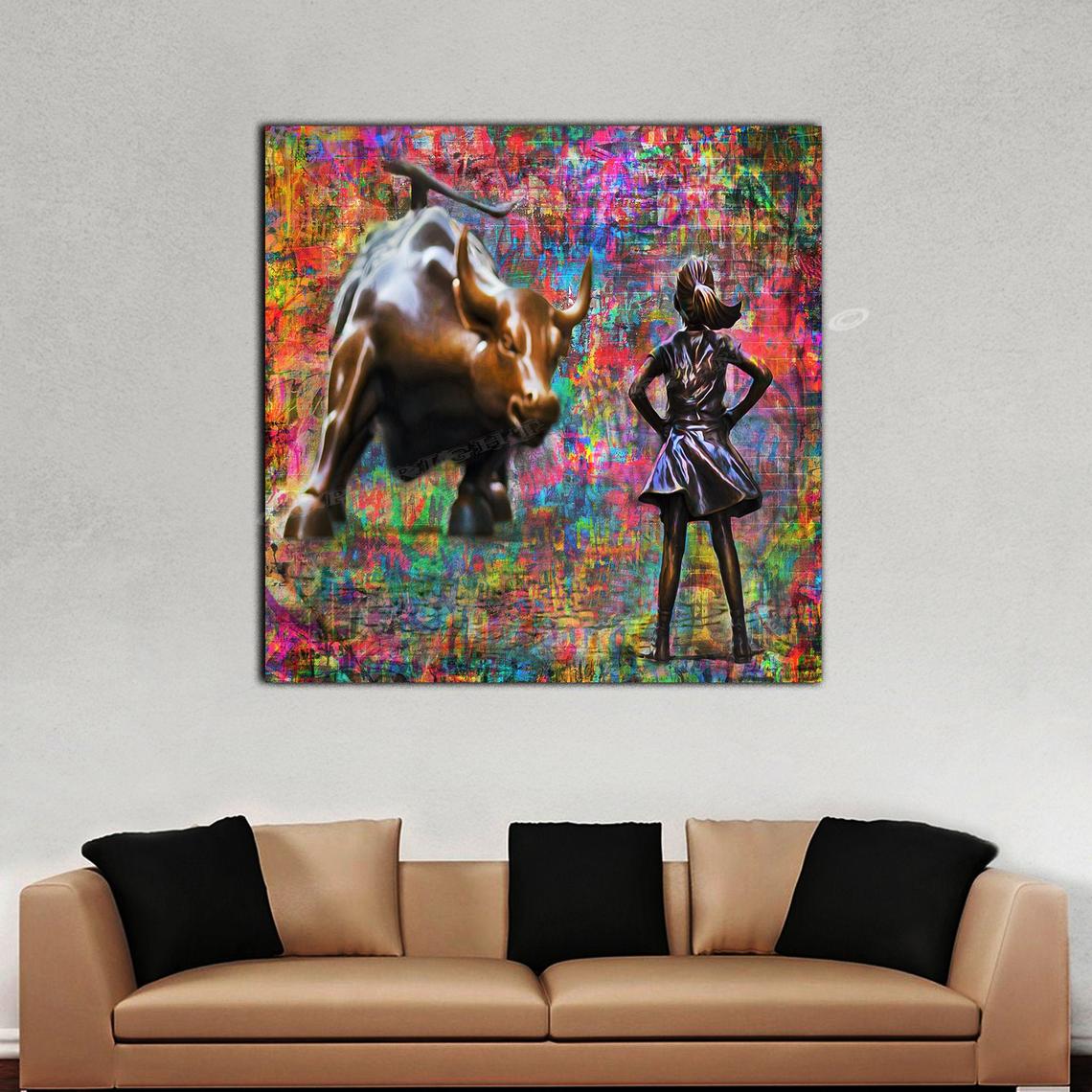 Wall Street Graffiti "Fearless Girl" Original Artwork by Memento Ready to Hang HD Canvas- Wall Street Bull