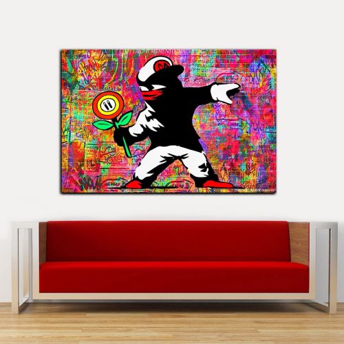 Banksy Super Mario "Flamethrower" Original art by Memento Ready to Hang Canvas- Nintendo -wii - Super Mario bros -Banksy Available in multiple sizes Ready to hang canvas