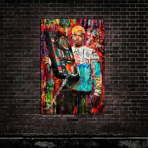 NAS "King of Queensbridge" -Original Art By Memento 36x24 Ready to Hang Canvas - Rap legends Series