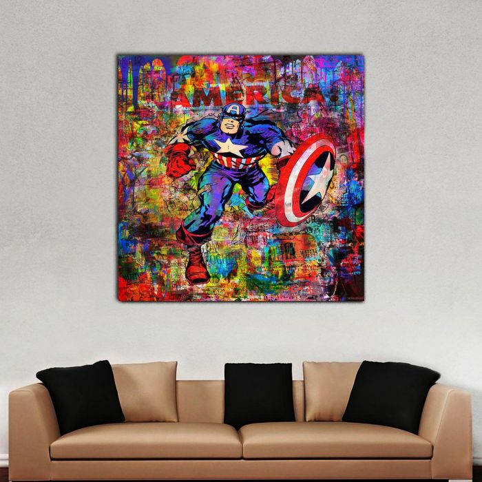 Captain Graffiti" 30x30 Ready to Hang Canvas -Original Graffiti art by Memento - Super Hero - America -Comic Book