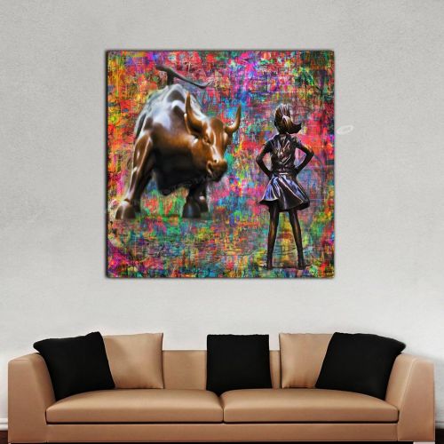 Wall Street Graffiti "Fearless Girl" Original Artwork by Memento Ready to Hang HD Canvas- Wall Street Bull