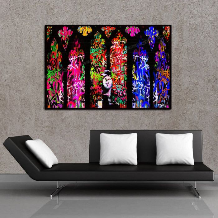 Banksy "Forgive us" Graffiti Cathedral by Memento 36 x 24 Ready to Hang Canvas Print -Graffiti Street Art - Amazing Colors